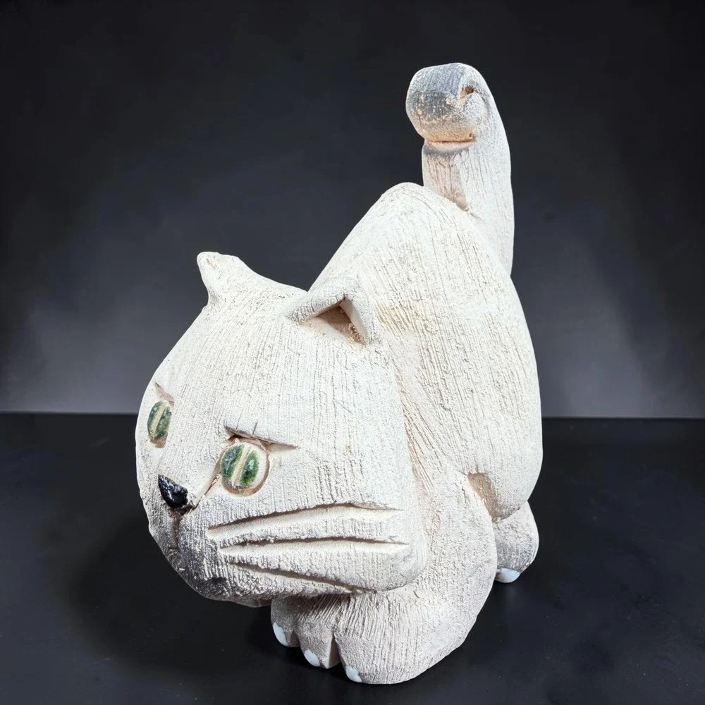 Artesania Rinconada Kitty Cat Figurine‎ Textured Clay Green Eyes Uruguay 3in
